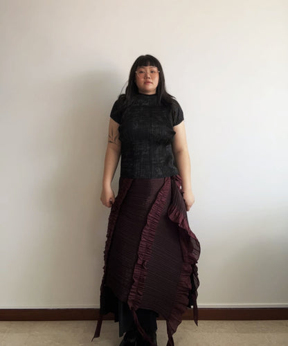Pleats Please Jellyfish multi-way burgundy ruffle scarf