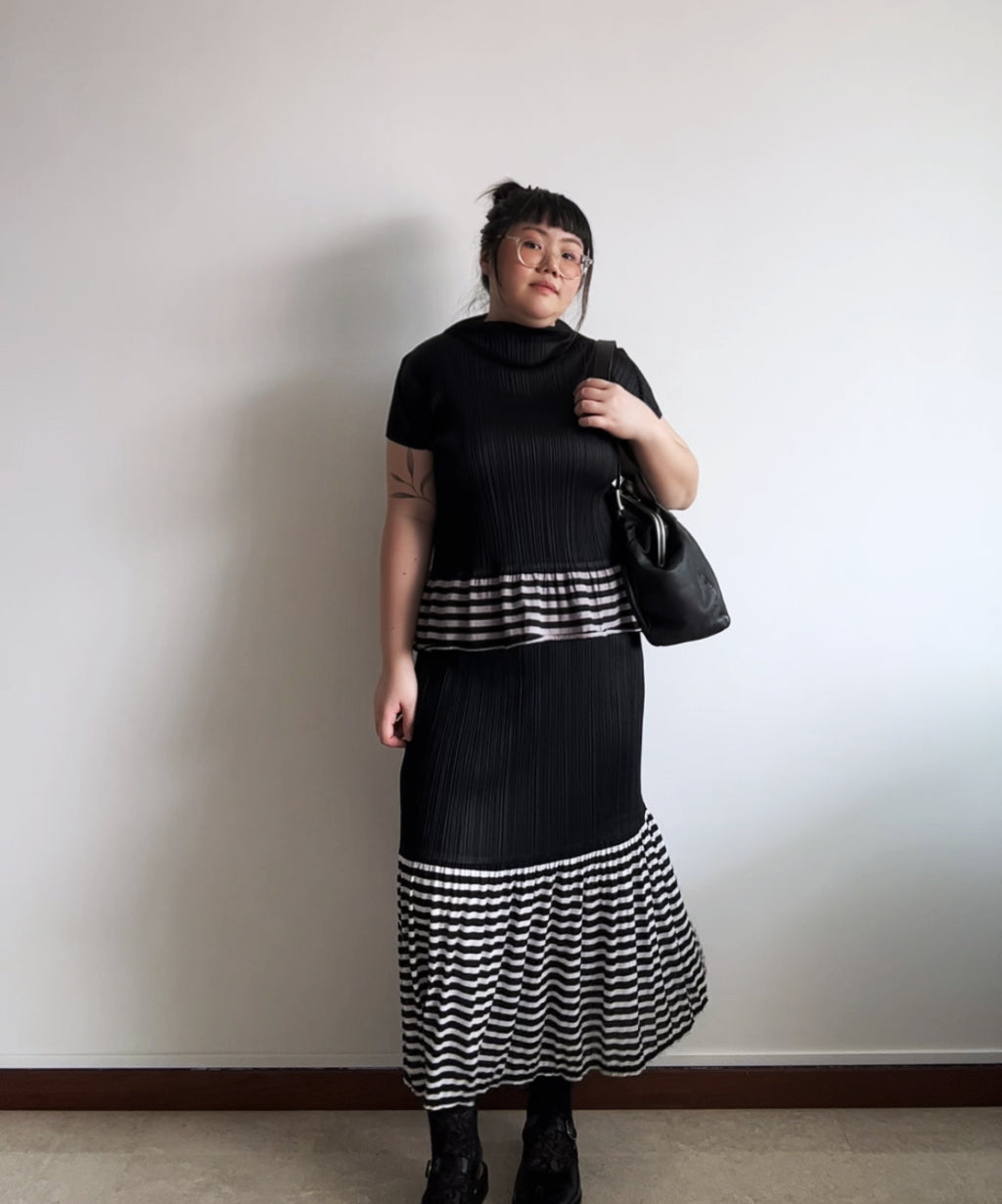 Pleats Please pleated stripe flare hem set