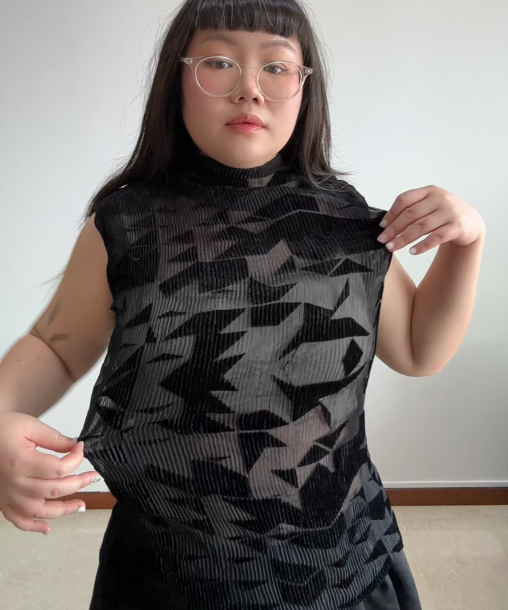 Issey Miyake 90s Geometric Velvet Cutout Sheer Pleated Top