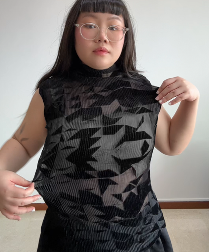 Issey Miyake 90s Geometric Velvet Cutout Sheer Pleated Top