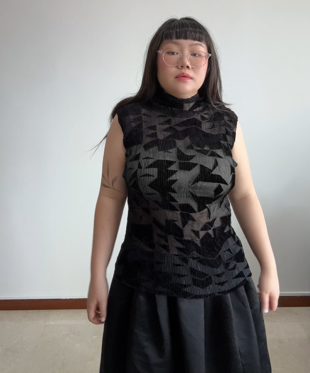 Issey Miyake 90s Geometric Velvet Cutout Sheer Pleated Top