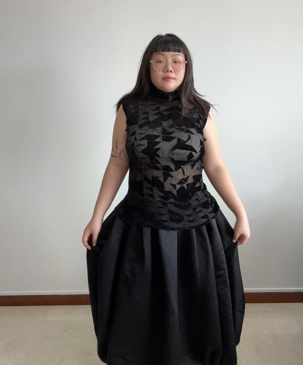 Issey Miyake 90s Geometric Velvet Cutout Sheer Pleated Top
