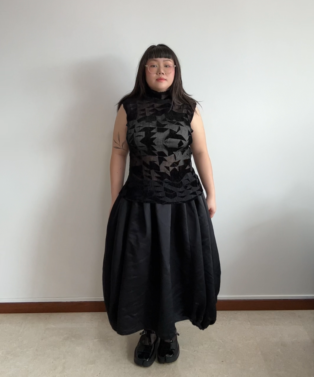 Issey Miyake 90s Geometric Velvet Cutout Sheer Pleated Top