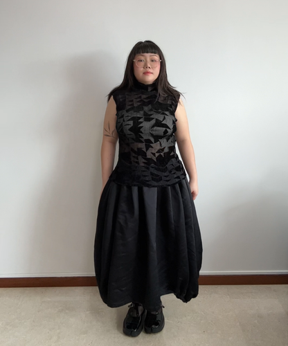 Issey Miyake 90s Geometric Velvet Cutout Sheer Pleated Top