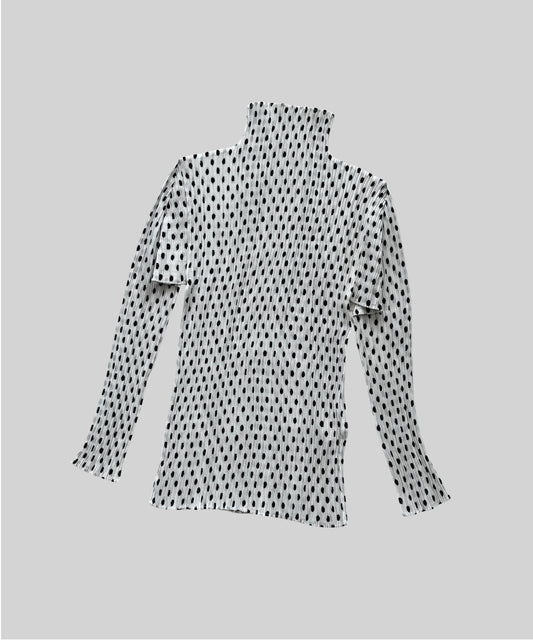 Issey Miyake 90s White Polka Dot Pleated Long Sleeve Top