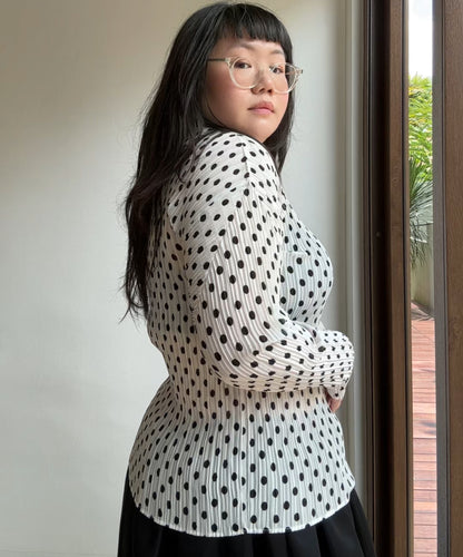 Issey Miyake 90s White Polka Dot Pleated Long Sleeve Top