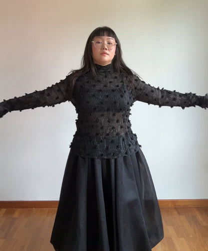 Issey Miyake 90s Sheer Pleated Top with Pom Pom Details