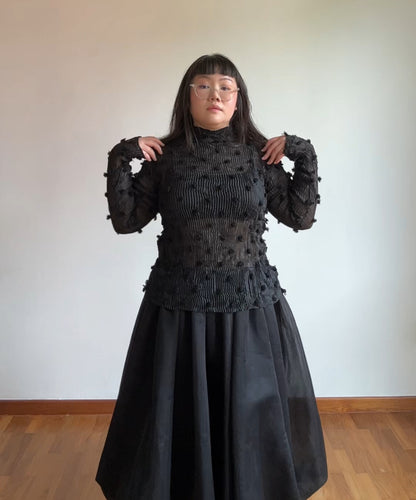 Issey Miyake 90s Sheer Pleated Top with Pom Pom Details