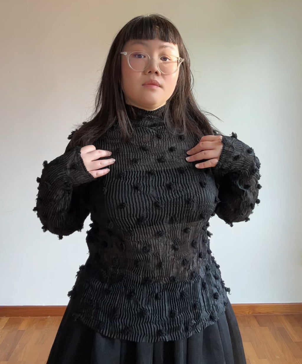 Issey Miyake 90s Sheer Pleated Top with Pom Pom Details