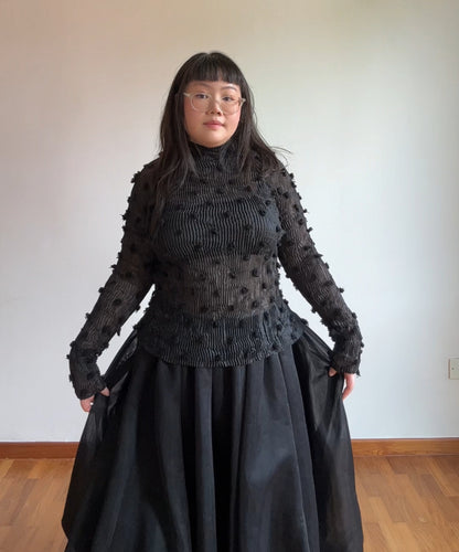 Issey Miyake 90s Sheer Pleated Top with Pom Pom Details