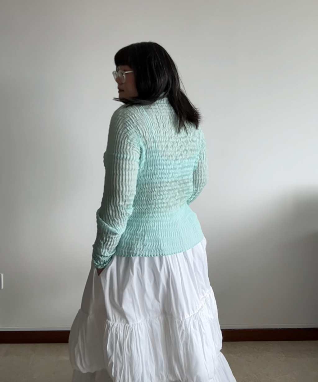 Issey Miyake Sheer Seagreen Pleated Long Sleeve Shirt