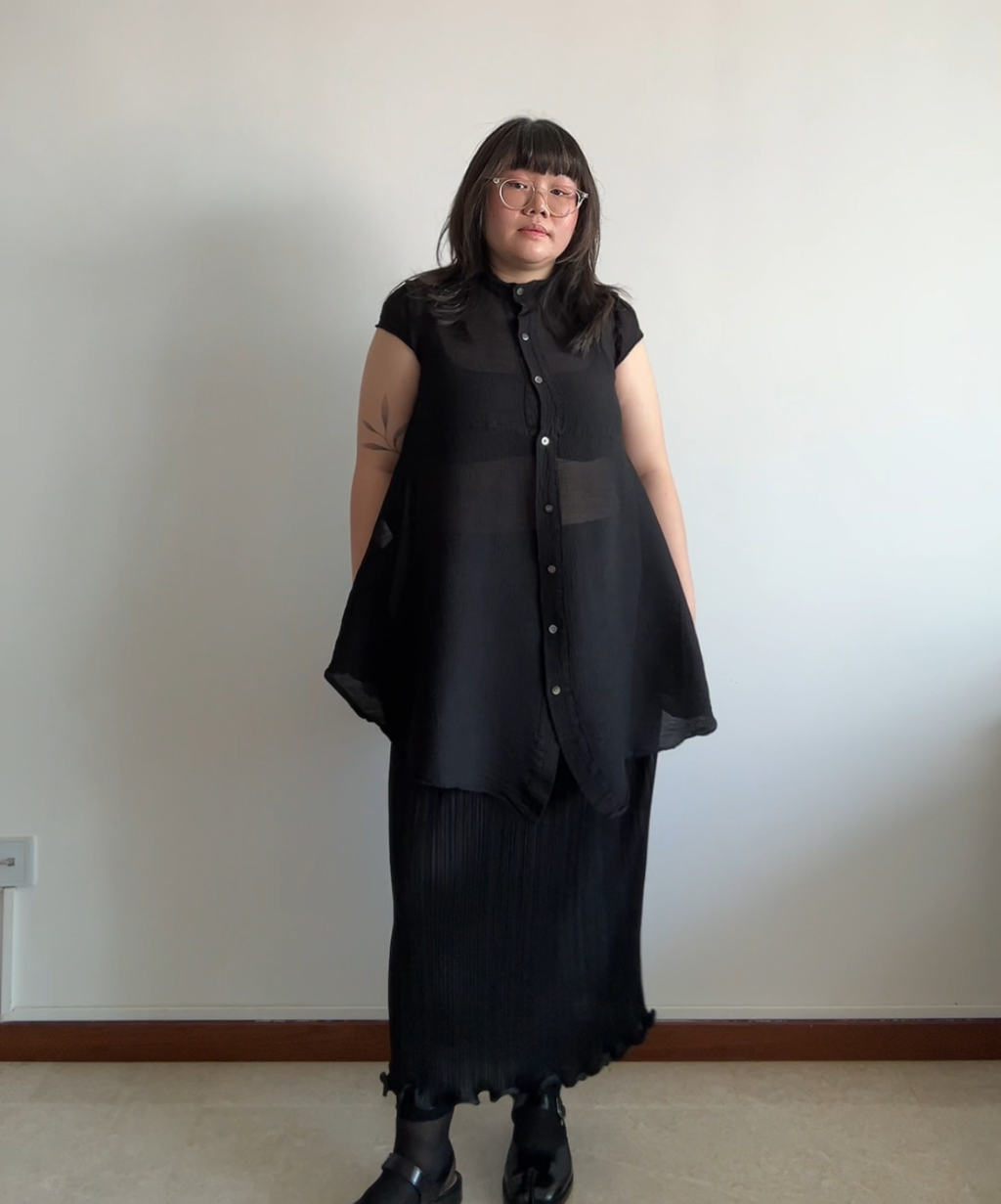 Me Issey Miyake Sheer Flare Hem Crepe Top