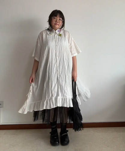 Mote Mote Embroidered Collar Ruffle Hem Shirt Dress