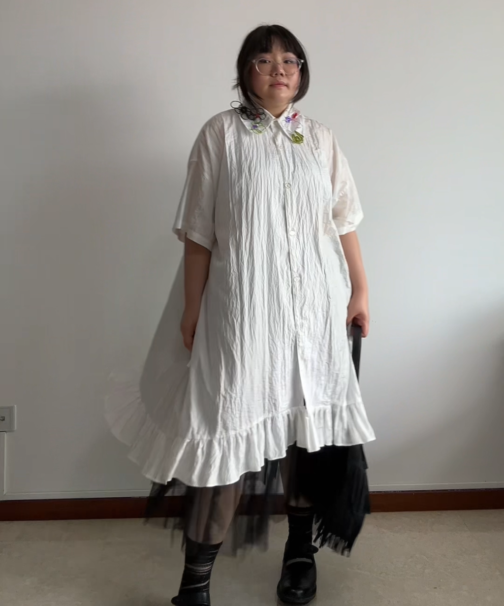 Mote Mote Embroidered Collar Ruffle Hem Shirt Dress