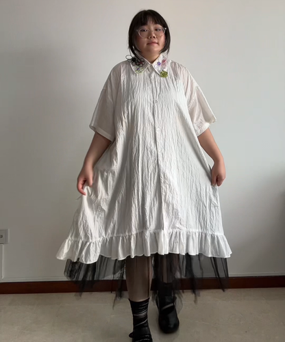 Mote Mote Embroidered Collar Ruffle Hem Shirt Dress