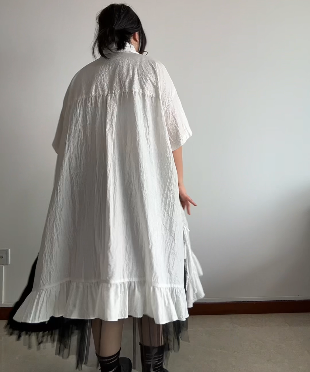 Mote Mote Embroidered Collar Ruffle Hem Shirt Dress