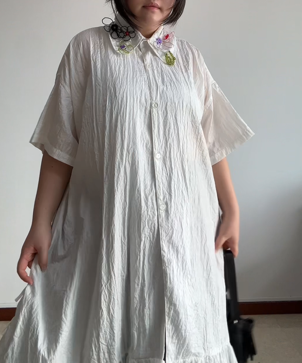 Mote Mote Embroidered Collar Ruffle Hem Shirt Dress