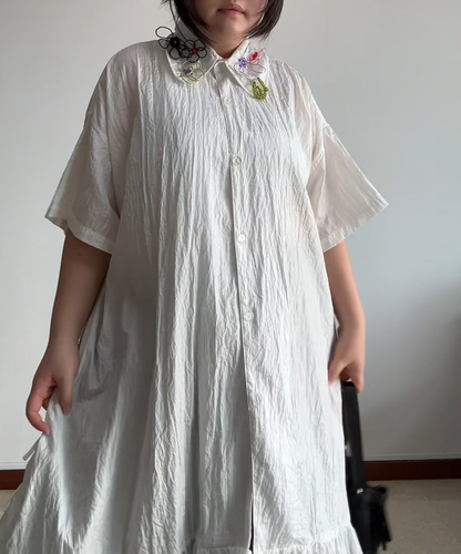 Mote Mote Embroidered Collar Ruffle Hem Shirt Dress