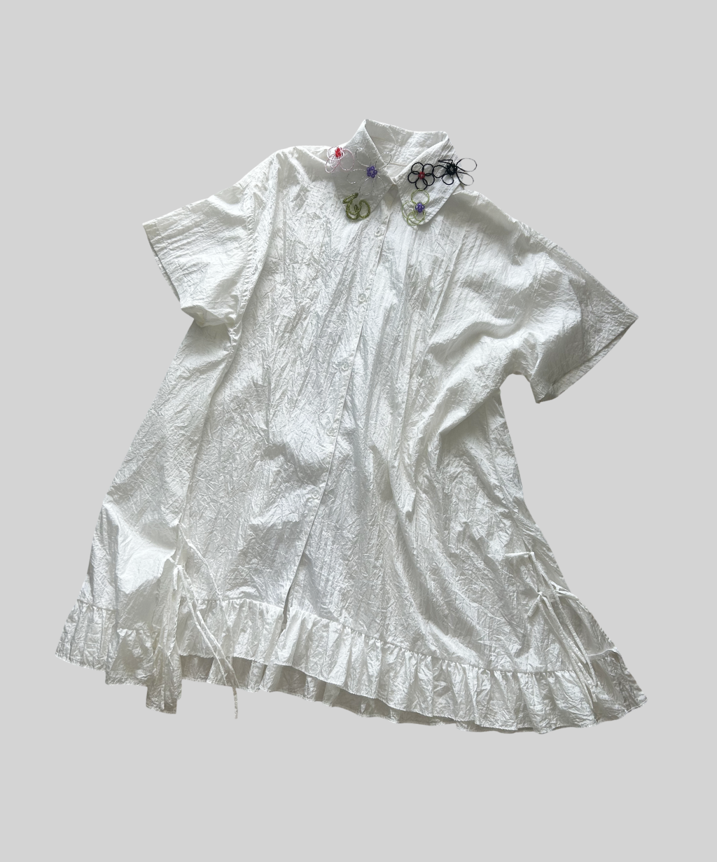 Mote Mote Embroidered Collar Ruffle Hem Shirt Dress