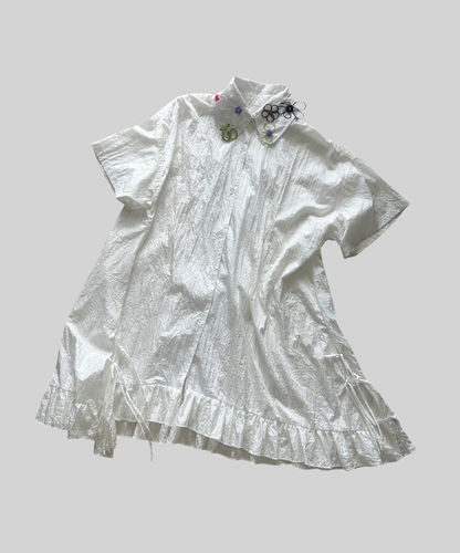 Mote Mote Embroidered Collar Ruffle Hem Shirt Dress