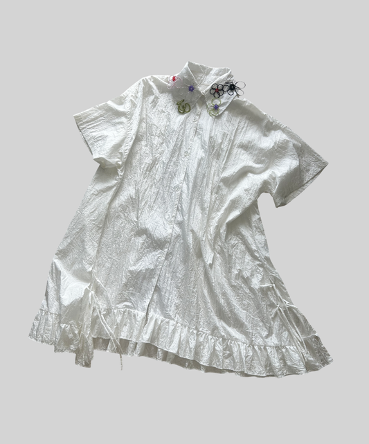 Mote Mote Embroidered Collar Ruffle Hem Shirt Dress
