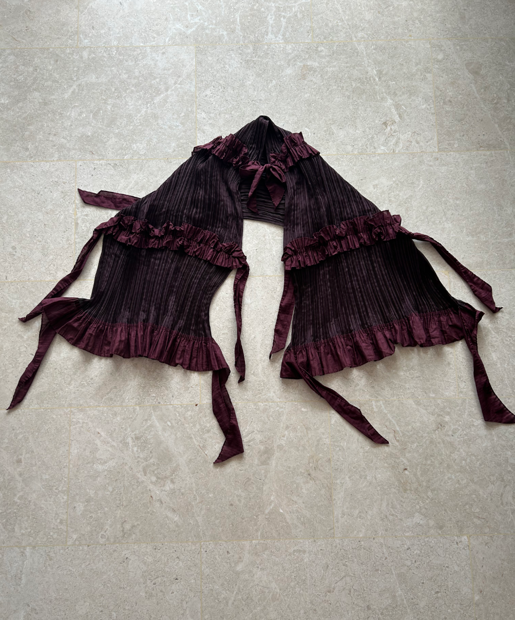 Pleats Please Jellyfish multi-way burgundy ruffle scarf