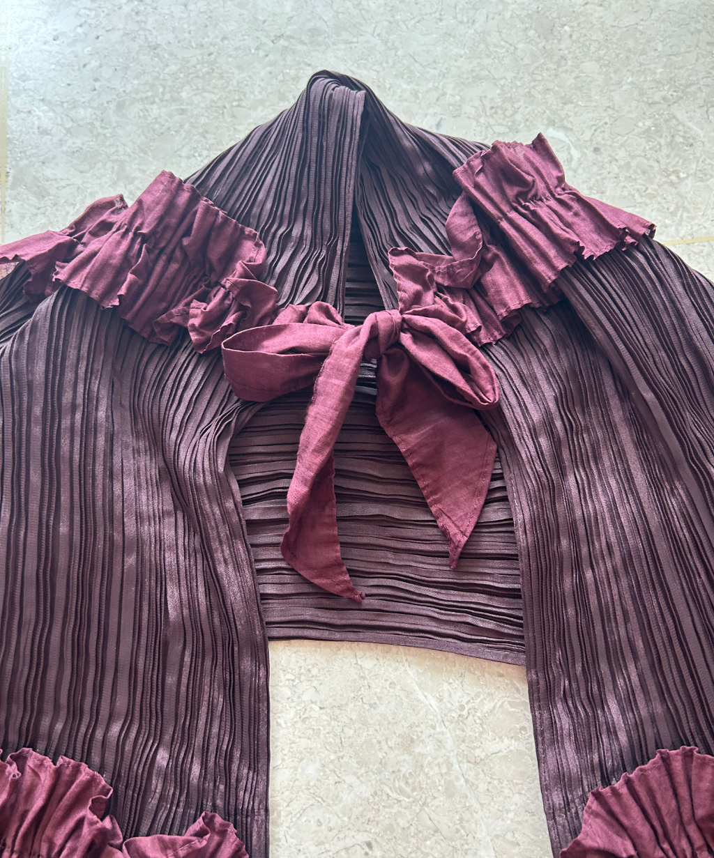 Pleats Please Jellyfish multi-way burgundy ruffle scarf