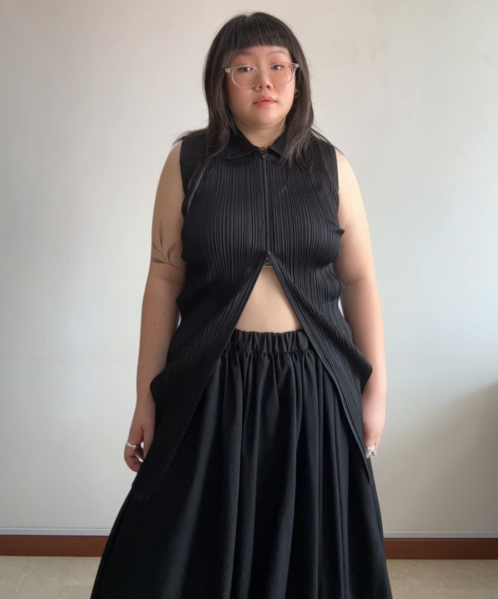 Pleats Please tiered ruffle polka dot pleated skirt