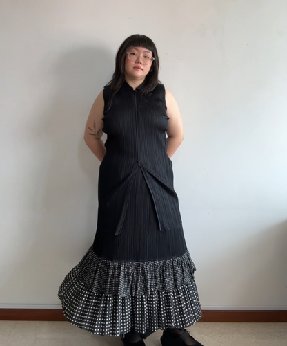 Pleats Please tiered ruffle polka dot pleated skirt