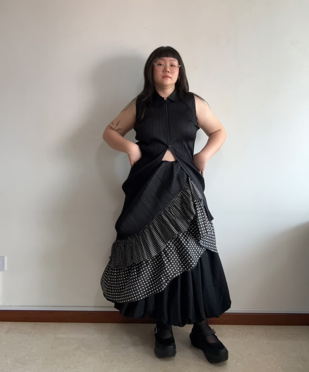 Pleats Please tiered ruffle polka dot pleated skirt