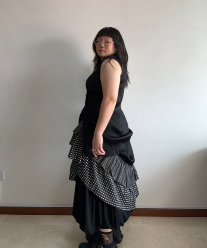 Pleats Please tiered ruffle polka dot pleated skirt