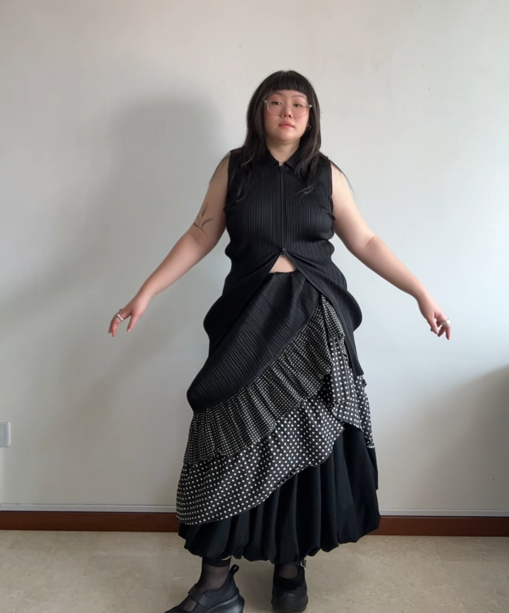 Pleats Please tiered ruffle polka dot pleated skirt