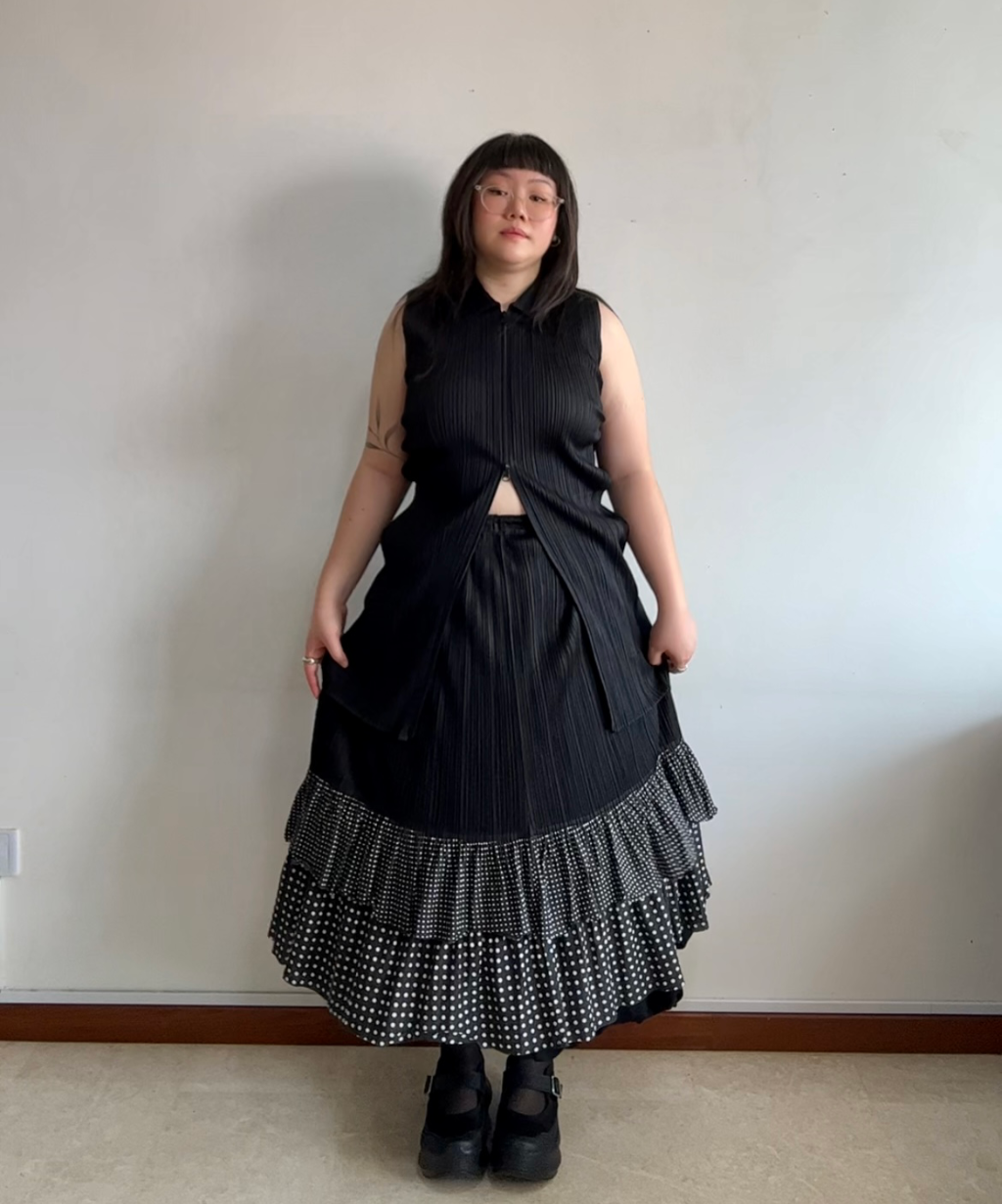 Pleats Please tiered ruffle polka dot pleated skirt