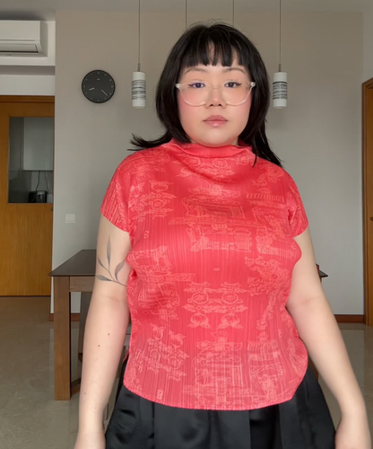 Pleats Please 90s Double Happiness Dragon Print Pleated Top