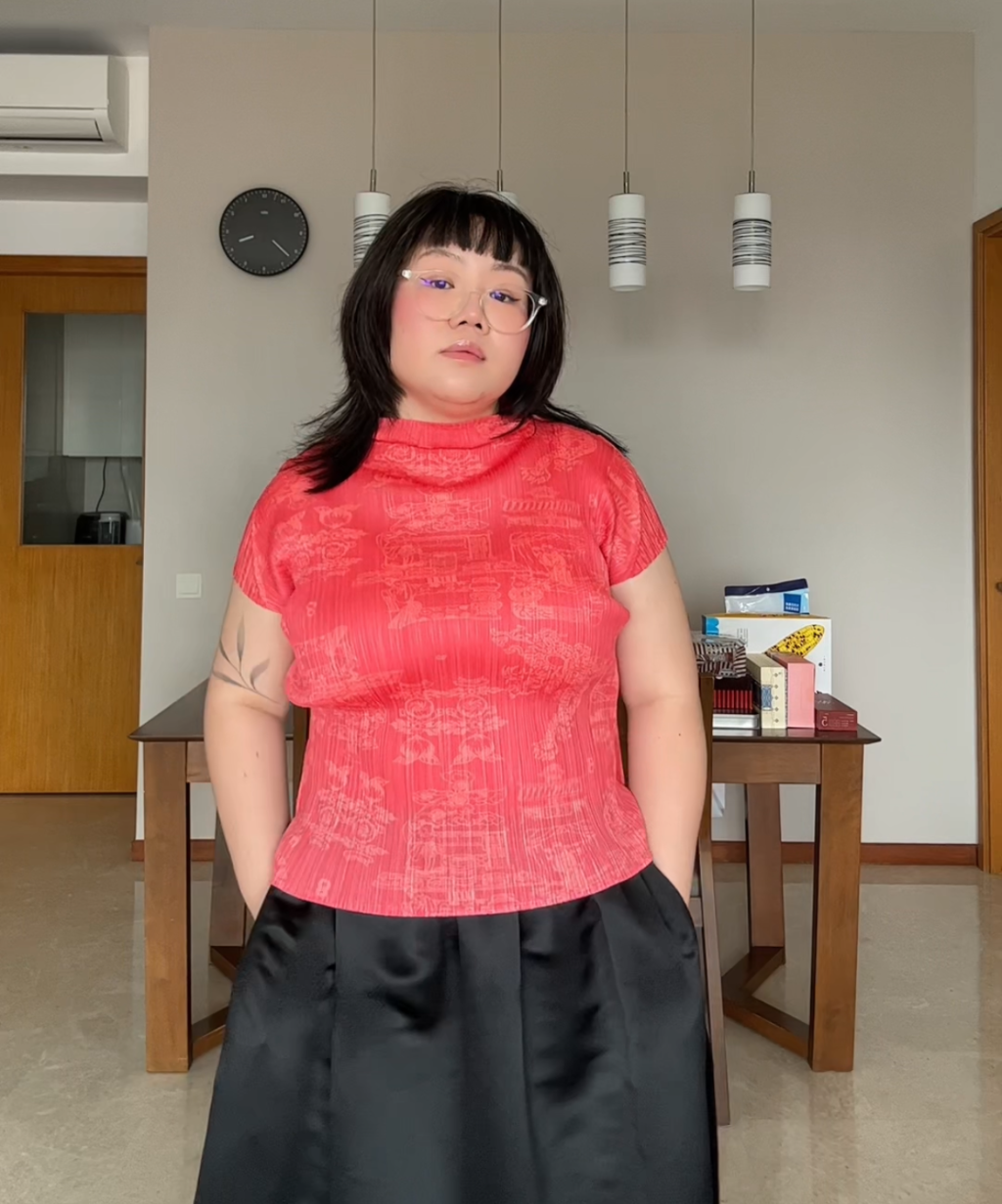 Pleats Please 90s Double Happiness Dragon Print Pleated Top