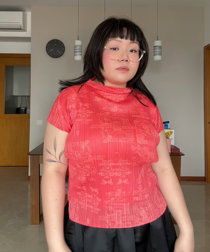 Pleats Please 90s Double Happiness Dragon Print Pleated Top