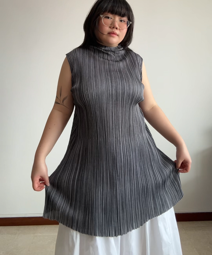 Pleats Please Sleeveless Flare Hem Pleated Mini Dress