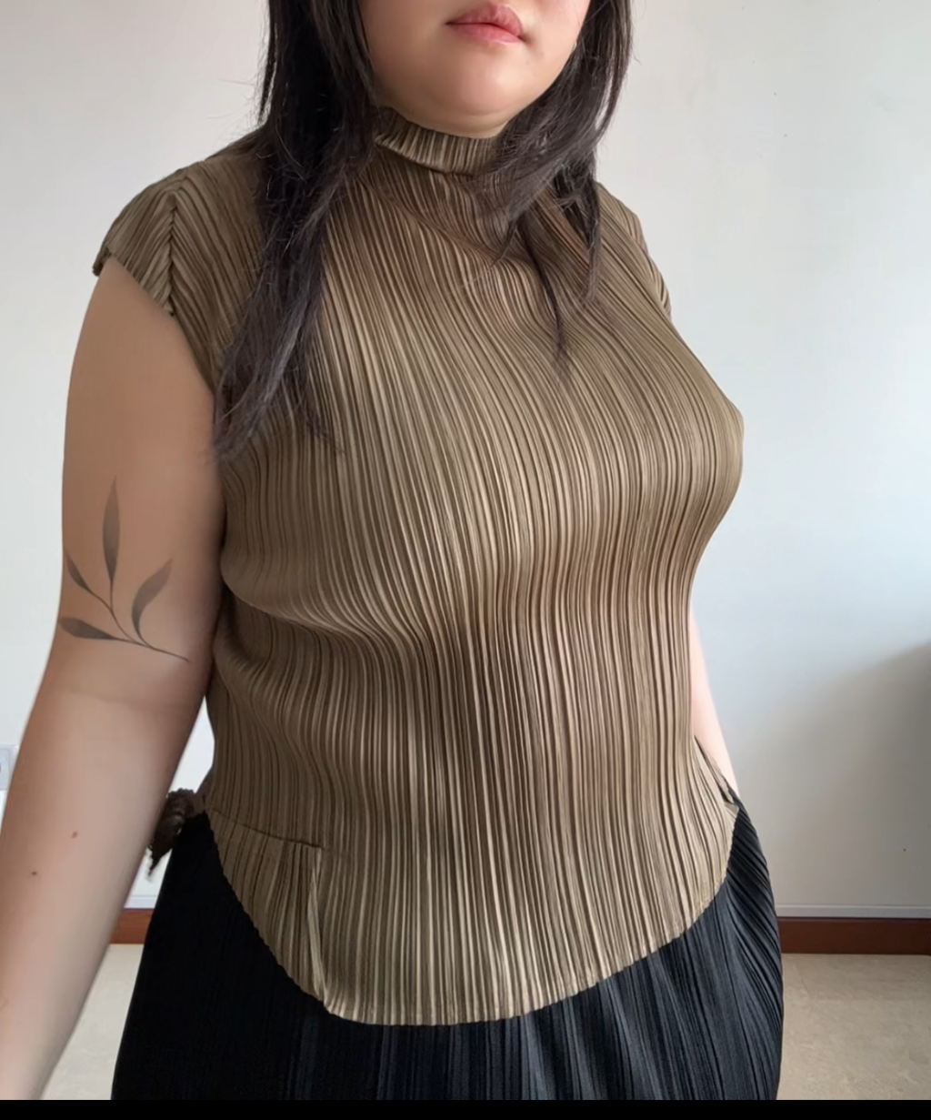 Pleats Please pleated khaki folded corner top