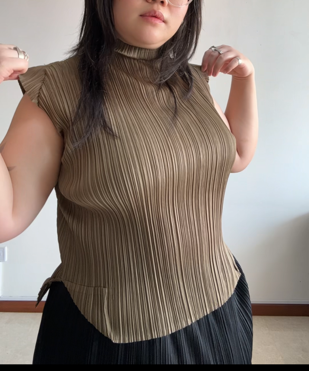 Pleats Please pleated khaki folded corner top