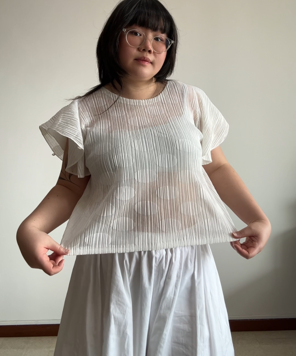 Pleats Please Polka Dot Sheer Ruffle Sleeve Blouse