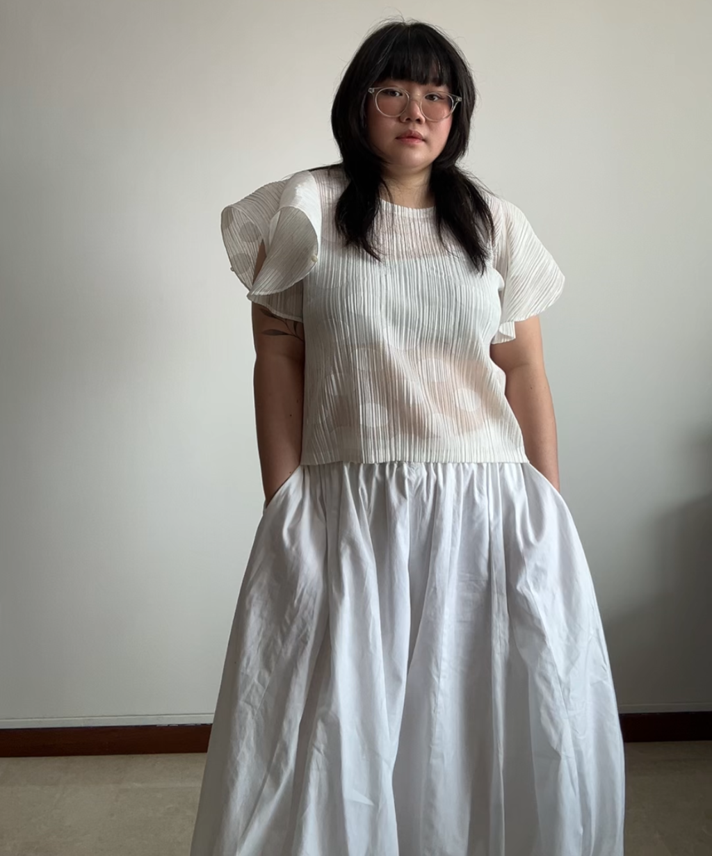 Pleats Please Polka Dot Sheer Ruffle Sleeve Blouse