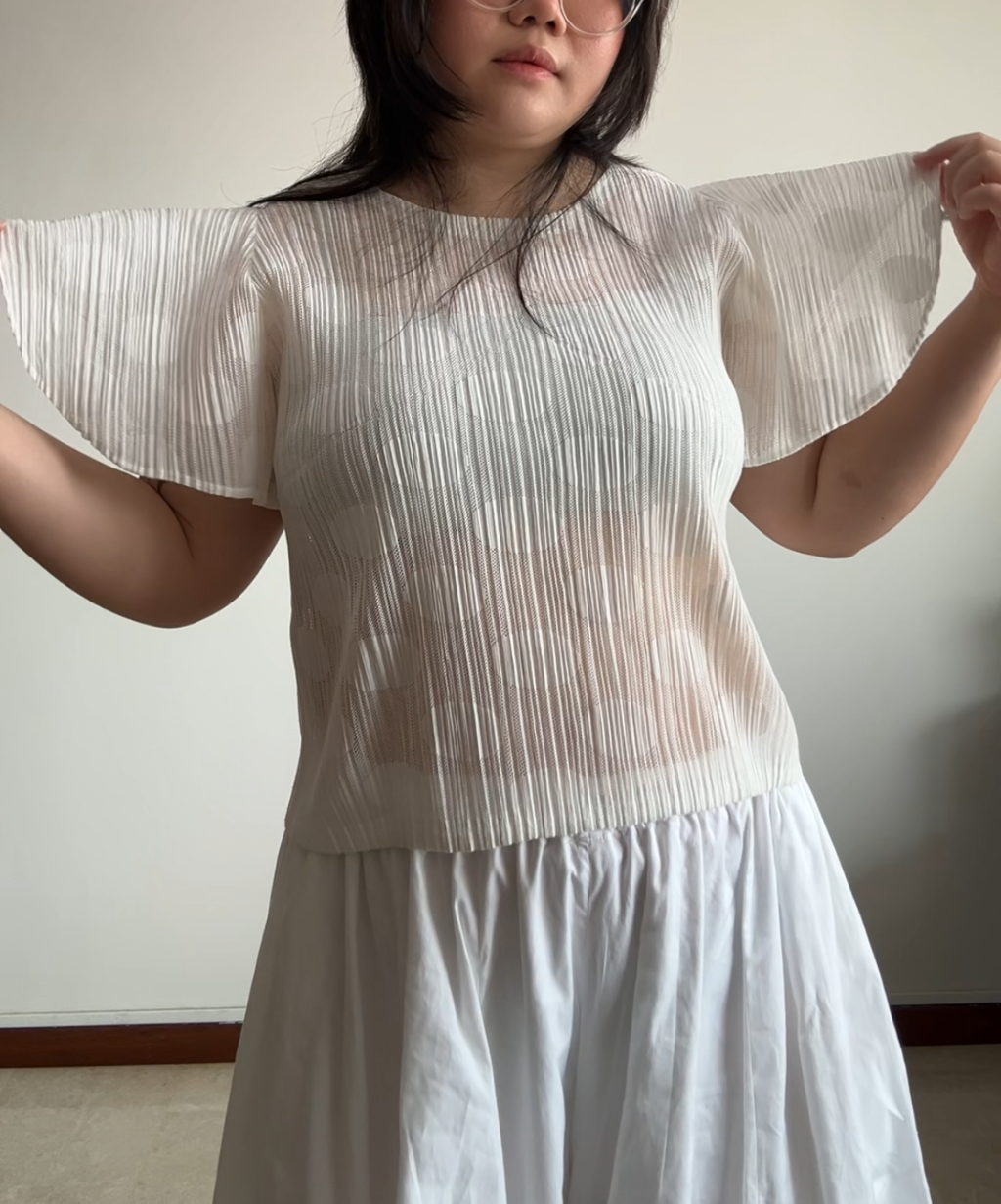 Pleats Please Polka Dot Sheer Ruffle Sleeve Blouse