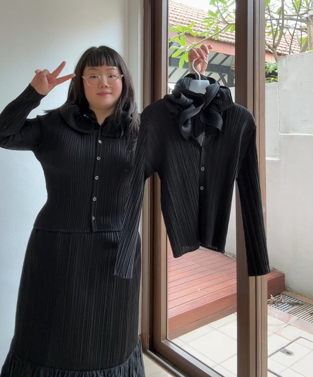 Pleats Please Long Sleeve Blouse with Ruffle Collar