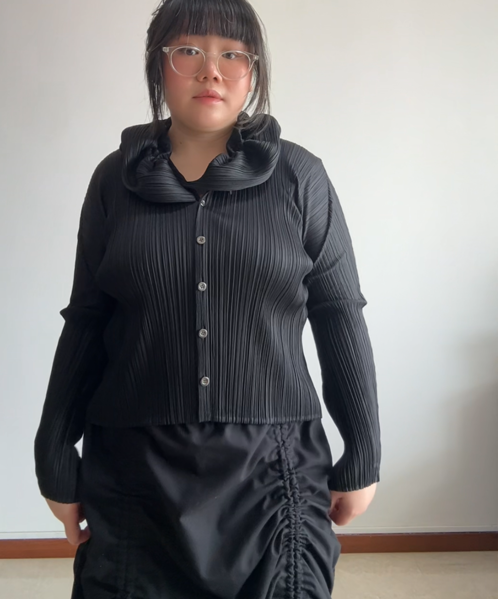Pleats Please Ruffle Collar Pleated Long Sleeve Blouse