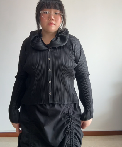 Pleats Please Ruffle Collar Pleated Long Sleeve Blouse