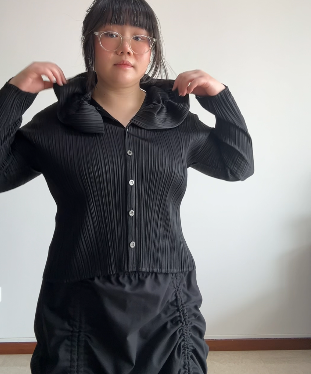 Pleats Please Ruffle Collar Pleated Long Sleeve Blouse
