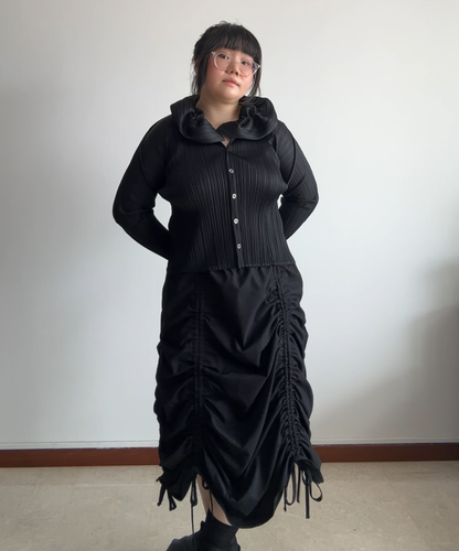 Pleats Please Ruffle Collar Pleated Long Sleeve Blouse