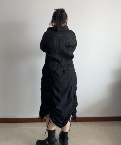 Pleats Please Ruffle Collar Pleated Long Sleeve Blouse
