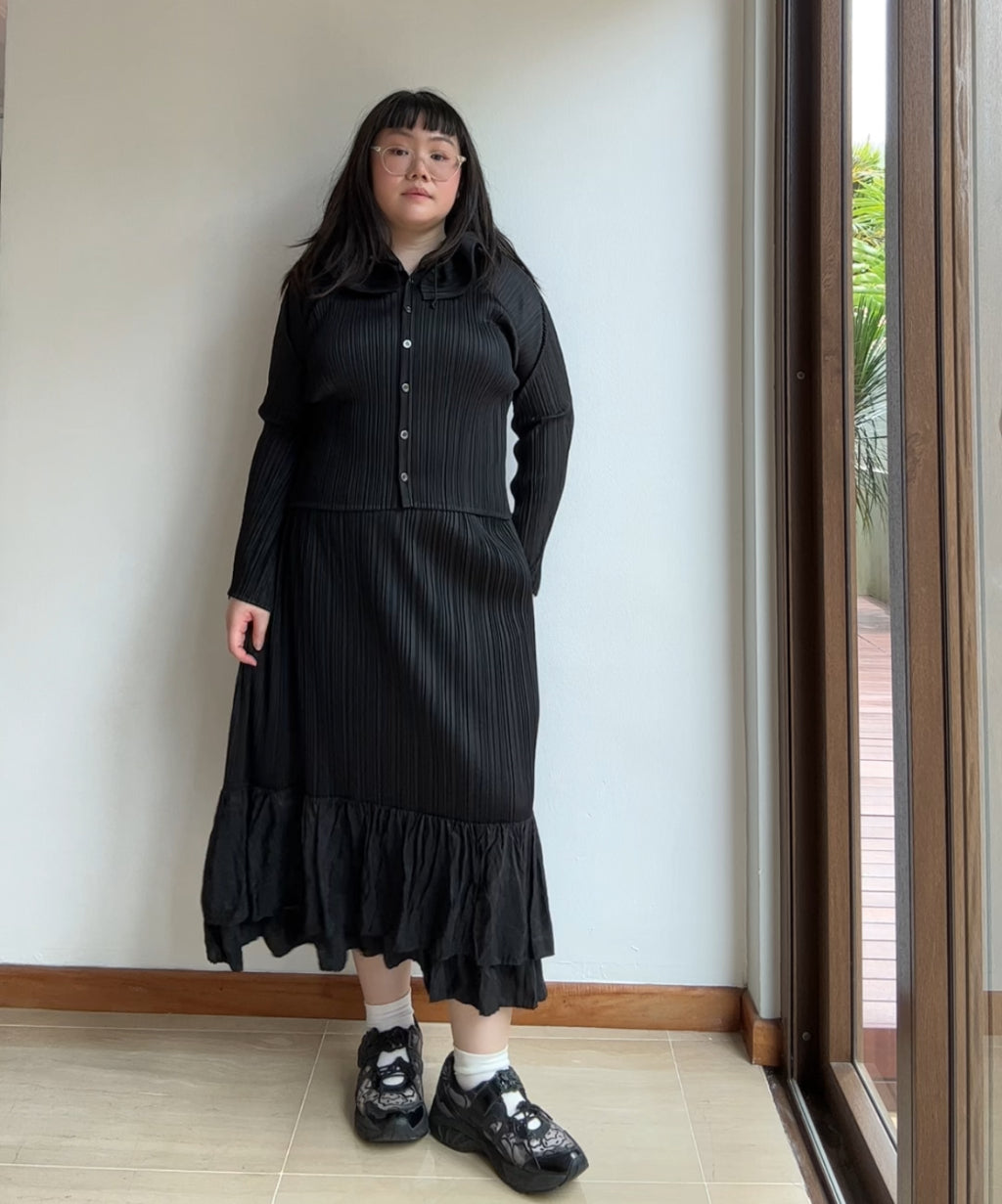 Pleats Please Long Sleeve Blouse with Ruffle Collar