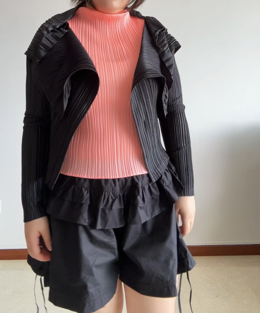 Pleats Please Ruffle Collar Draped Cardigan